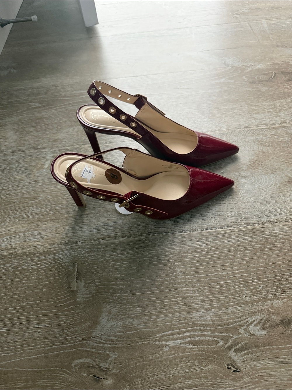 Jessica Simpson Burgundy Patent Slingback Heels with Studded Strap
